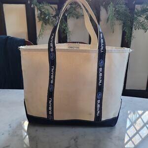 VTG LL BEAN SUBARU Boat and Tote Bag Canvas Off White Navy Blue USA